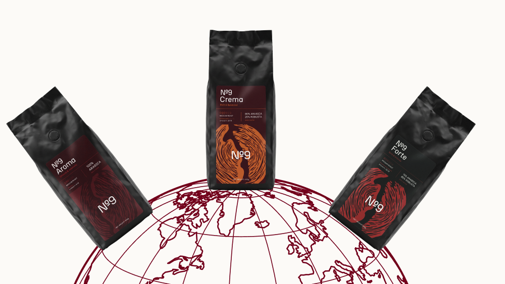 Tri mešanice kave v zrnju No.9 Caffè Aroma, Crema in Forte nad ilustracijo sveta