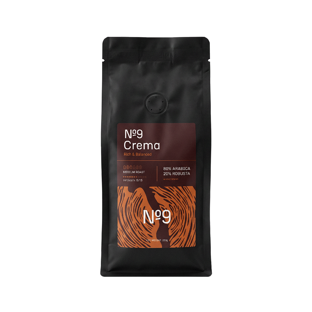250 g vrečka kave v zrnju No9 Caffè Crema, 80 % arabika in 20 % robusta.