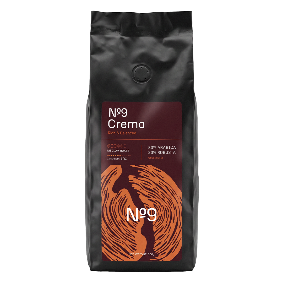 500g vrečka kave v zrnju No9 Caffè Crema, 80 % arabika in 20 % robusta.