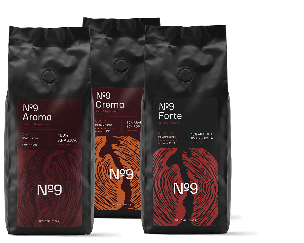Tri 500 g vrečke kave v zrnju za espresso aparat No.9 Caffè: Aroma, Crema in Forte 